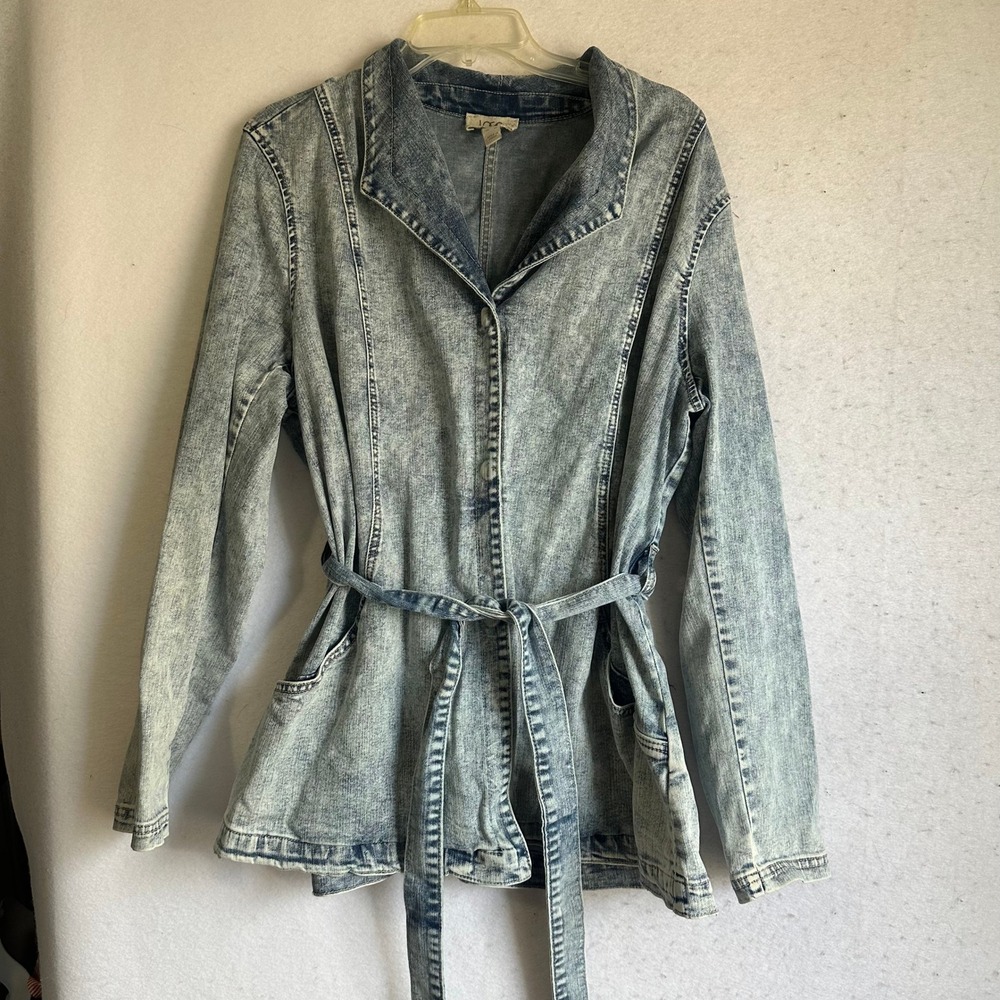 LOGO Lori Goldstein Denim Jacket Blue Acid Wash Tie Waist Button Front Womens XL